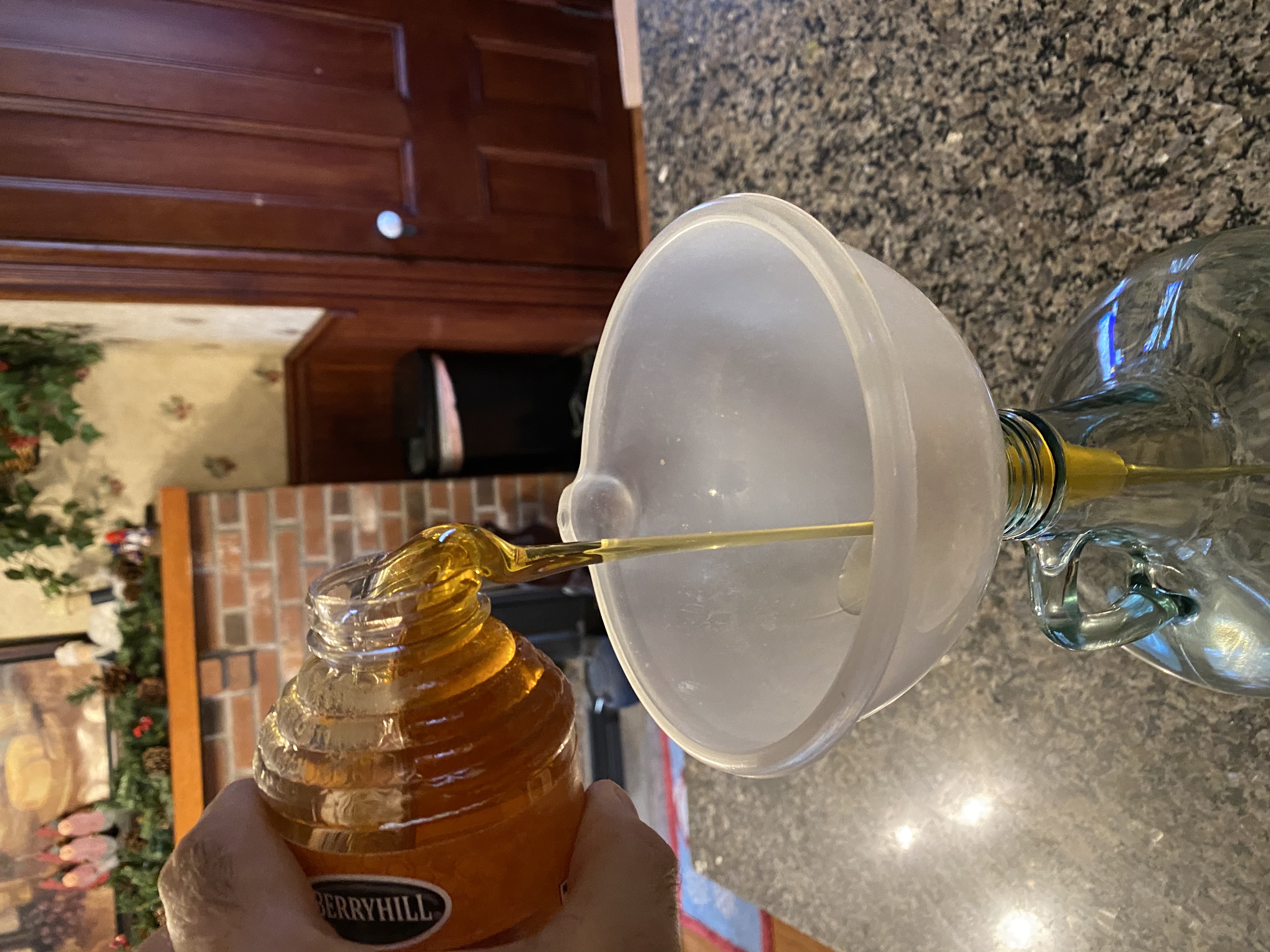 pouring honey through funnel into fermenter jug IMG_5778